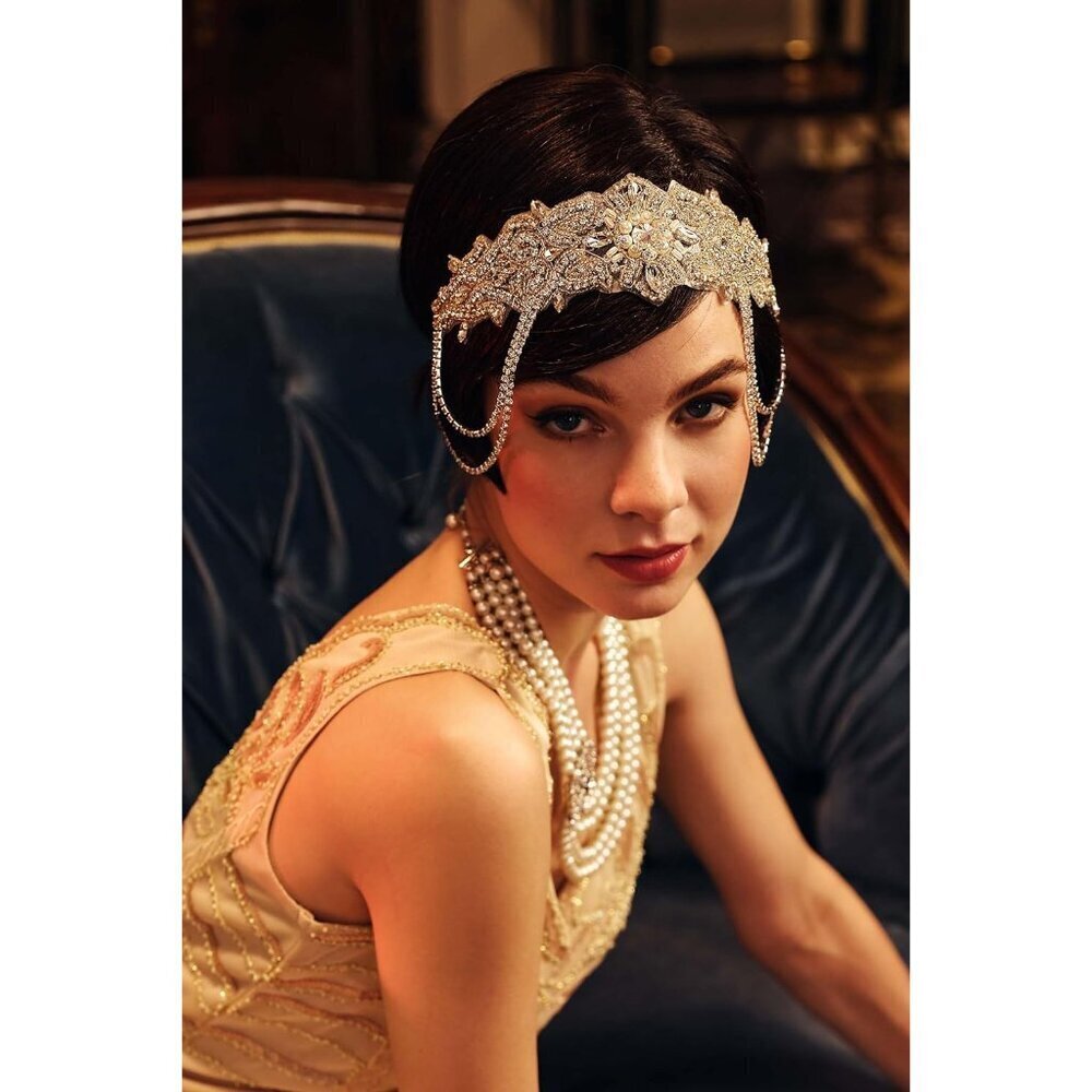 1920s Flapper Headpiece Vintage Rhinestone Bead Headband for Women